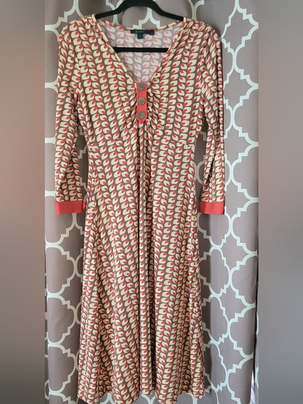 Boden Retro Geo Print Midi Dress in Coral and Cream